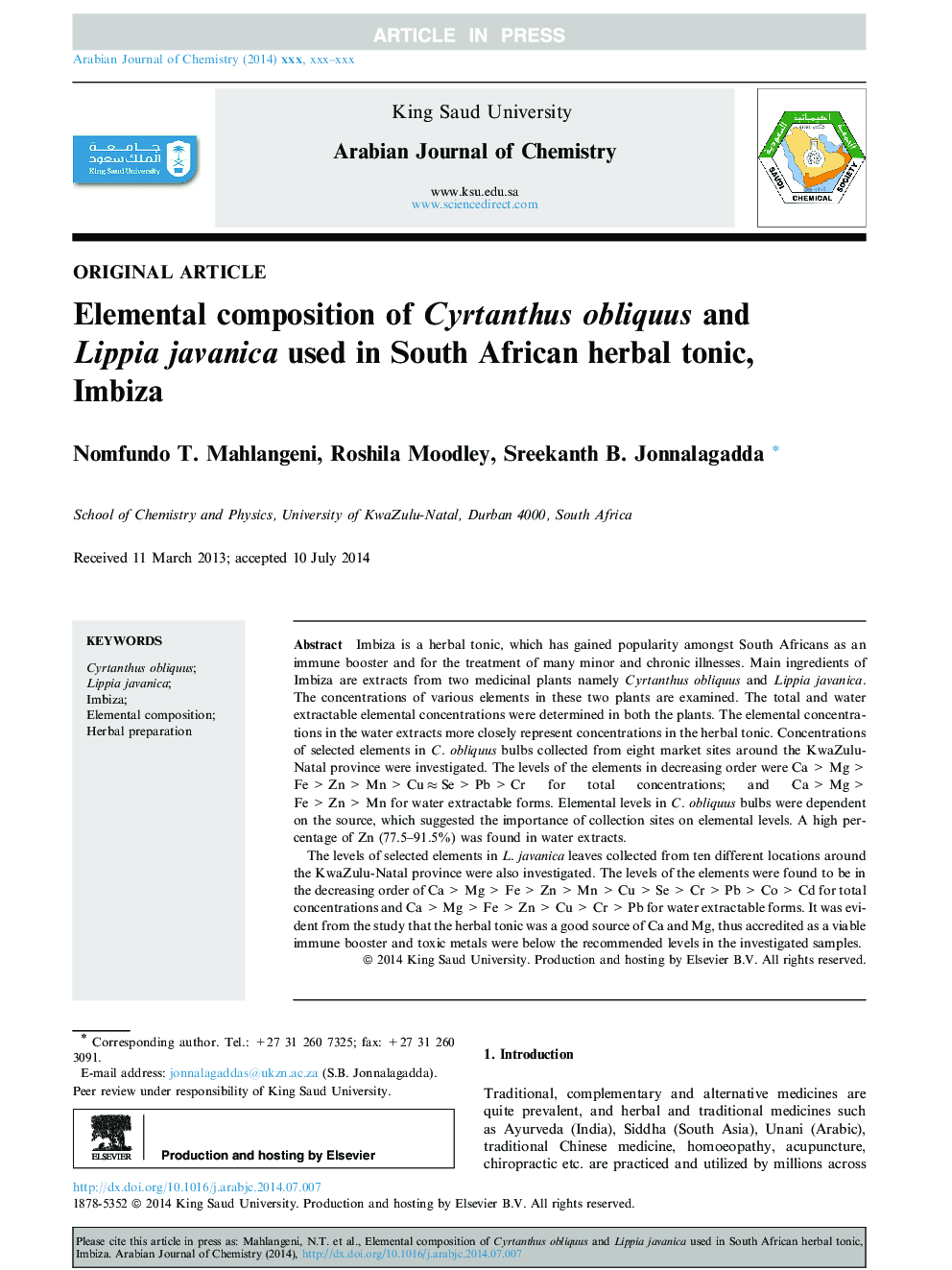 Elemental composition of Cyrtanthus obliquus and Lippia javanica used in South African herbal tonic, Imbiza