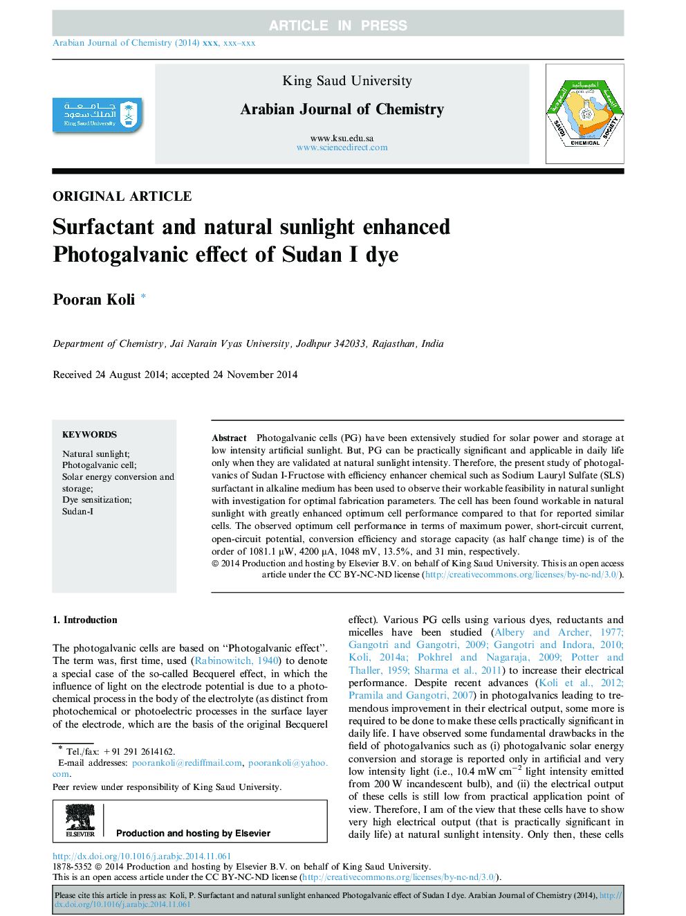 Surfactant and natural sunlight enhanced Photogalvanic effect of Sudan I dye