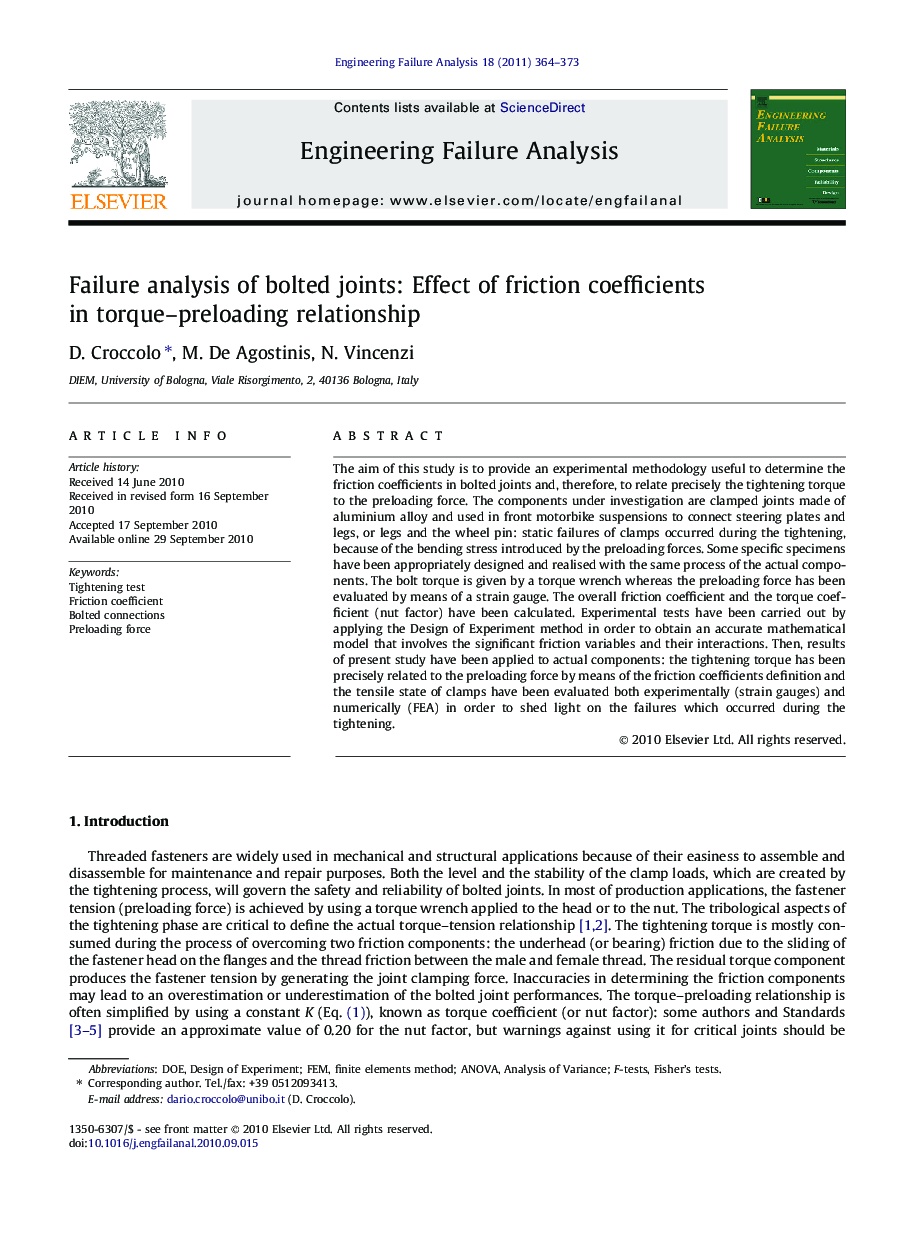 Failure analysis of bolted joints: Effect of friction coefficients in torque–preloading relationship