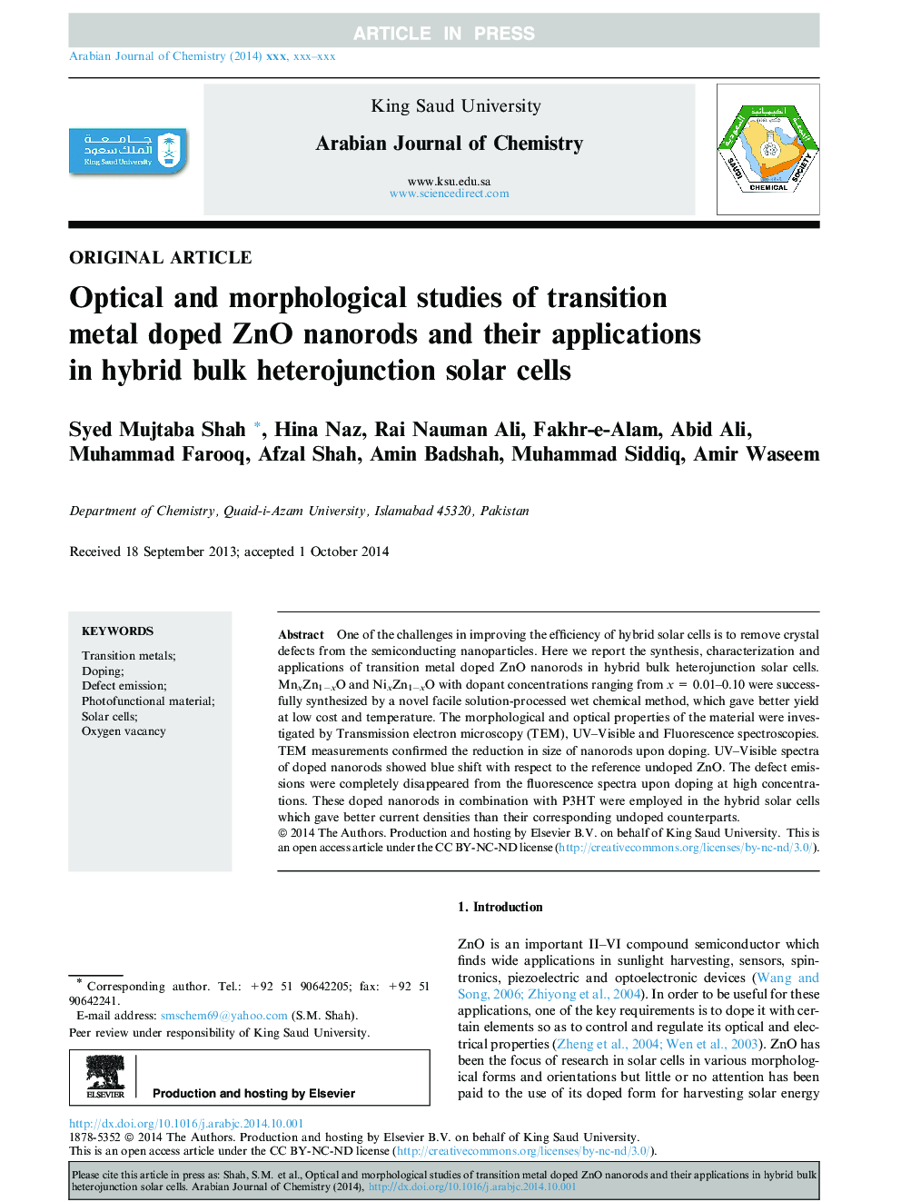 Optical and morphological studies of transition metal doped ZnO nanorods and their applications in hybrid bulk heterojunction solar cells
