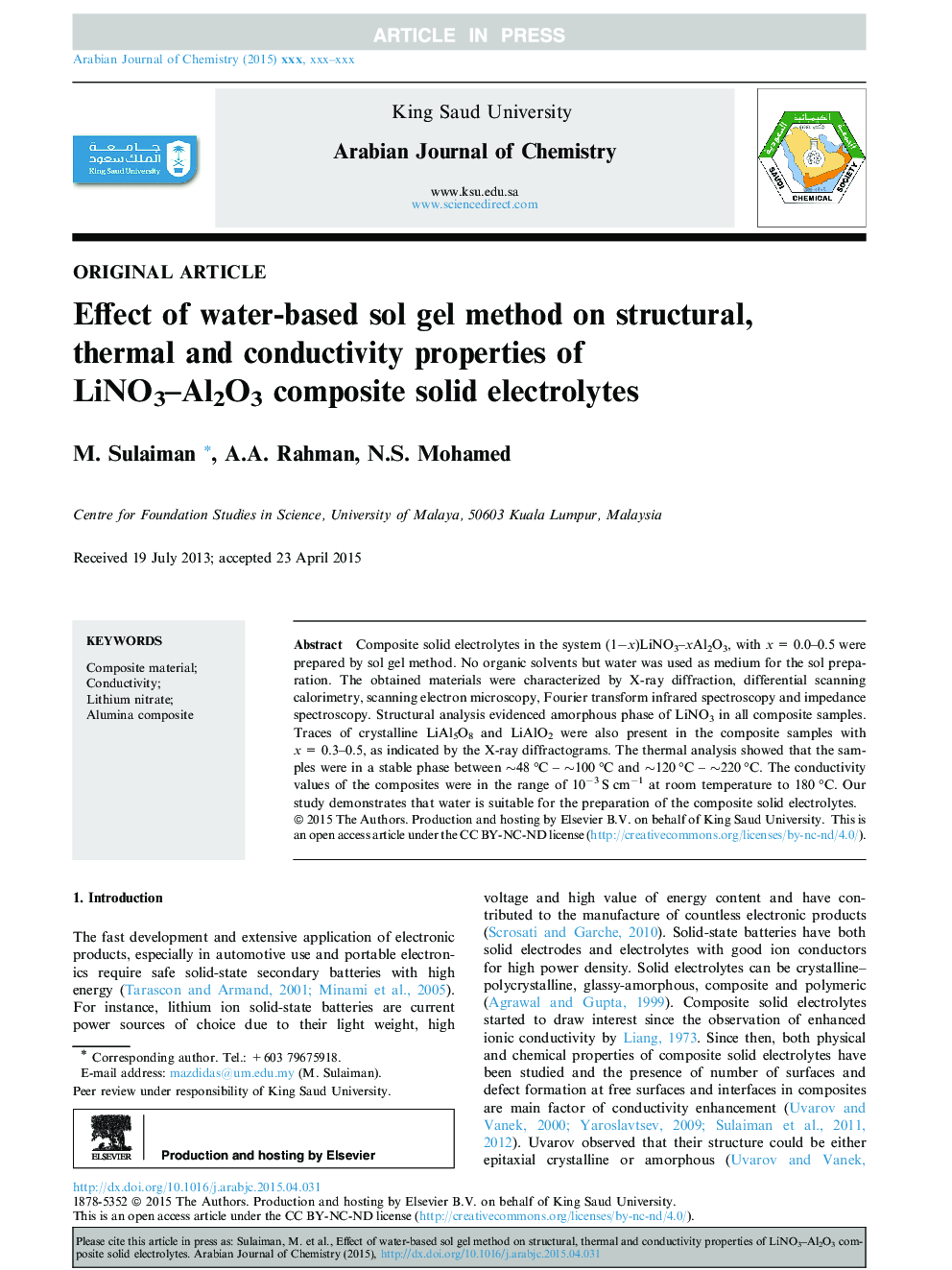 Effect of water-based sol gel method on structural, thermal and conductivity properties of LiNO3-Al2O3 composite solid electrolytes