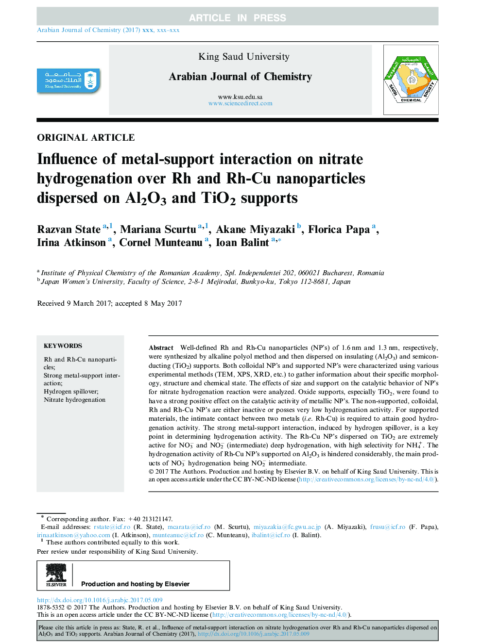 Influence of metal-support interaction on nitrate hydrogenation over Rh and Rh-Cu nanoparticles dispersed on Al2O3 and TiO2 supports