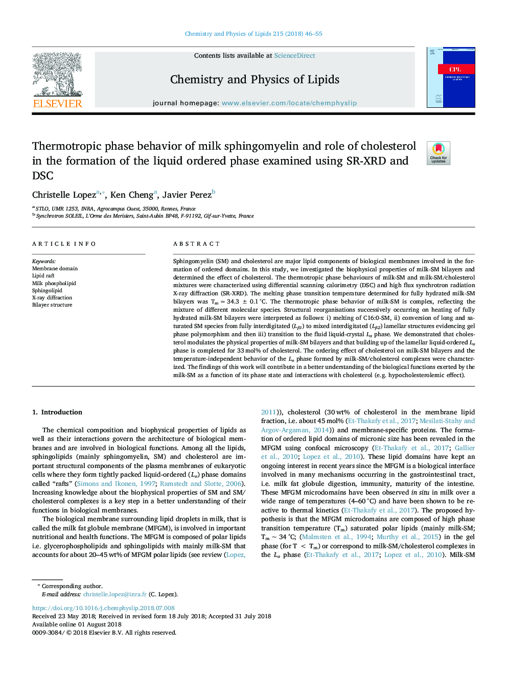 Thermotropic phase behavior of milk sphingomyelin and role of cholesterol in the formation of the liquid ordered phase examined using SR-XRD and DSC