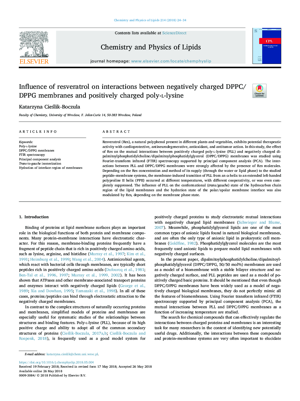 Influence of resveratrol on interactions between negatively charged DPPC/DPPG membranes and positively charged poly-l-lysine