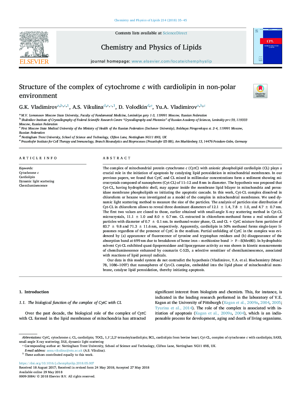 Structure of the complex of cytochrome c with cardiolipin in non-polar environment