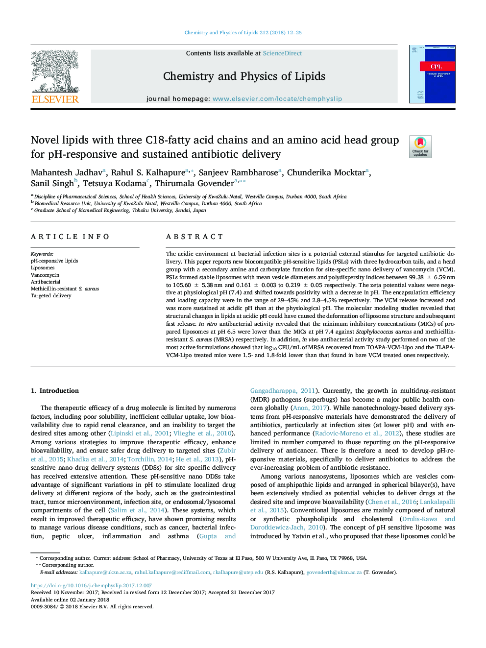 عکس صفحه اول مقاله: Novel lipids with three C18-fatty acid chains and an amino acid head group for pH-responsive and sustained antibiotic delivery Novel lipids with three C18-fatty acid chains and an amino acid head group for pH-responsive and sustained antibiotic delivery