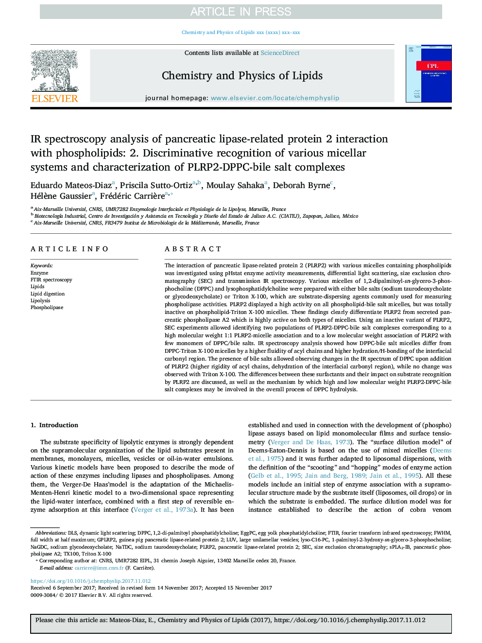 IR spectroscopy analysis of pancreatic lipase-related protein 2 interaction with phospholipids: 2. Discriminative recognition of various micellar systems and characterization of PLRP2-DPPC-bile salt complexes