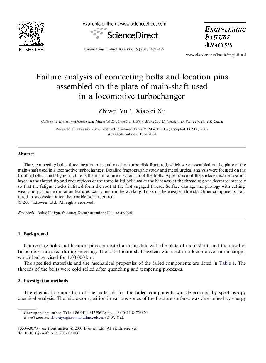 Failure analysis of connecting bolts and location pins assembled on the plate of main-shaft used in a locomotive turbochanger