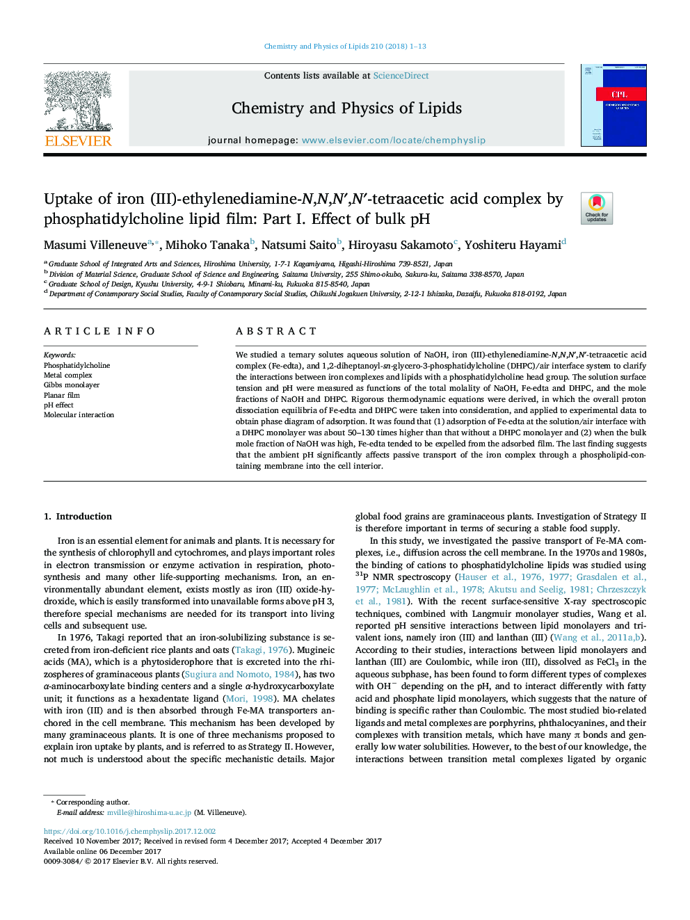 Uptake of iron (III)-ethylenediamine-N,N,Nâ²,Nâ²-tetraacetic acid complex by phosphatidylcholine lipid film: Part I. Effect of bulk pH