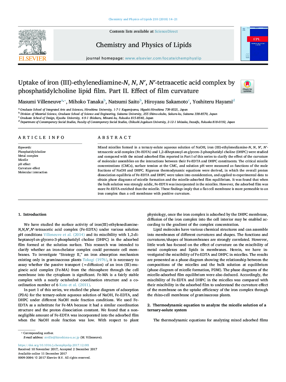 Uptake of iron (III)-ethylenediamine-N, N, Nâ², Nâ²-tetraacetic acid complex by phosphatidylcholine lipid film. Part II. Effect of film curvature