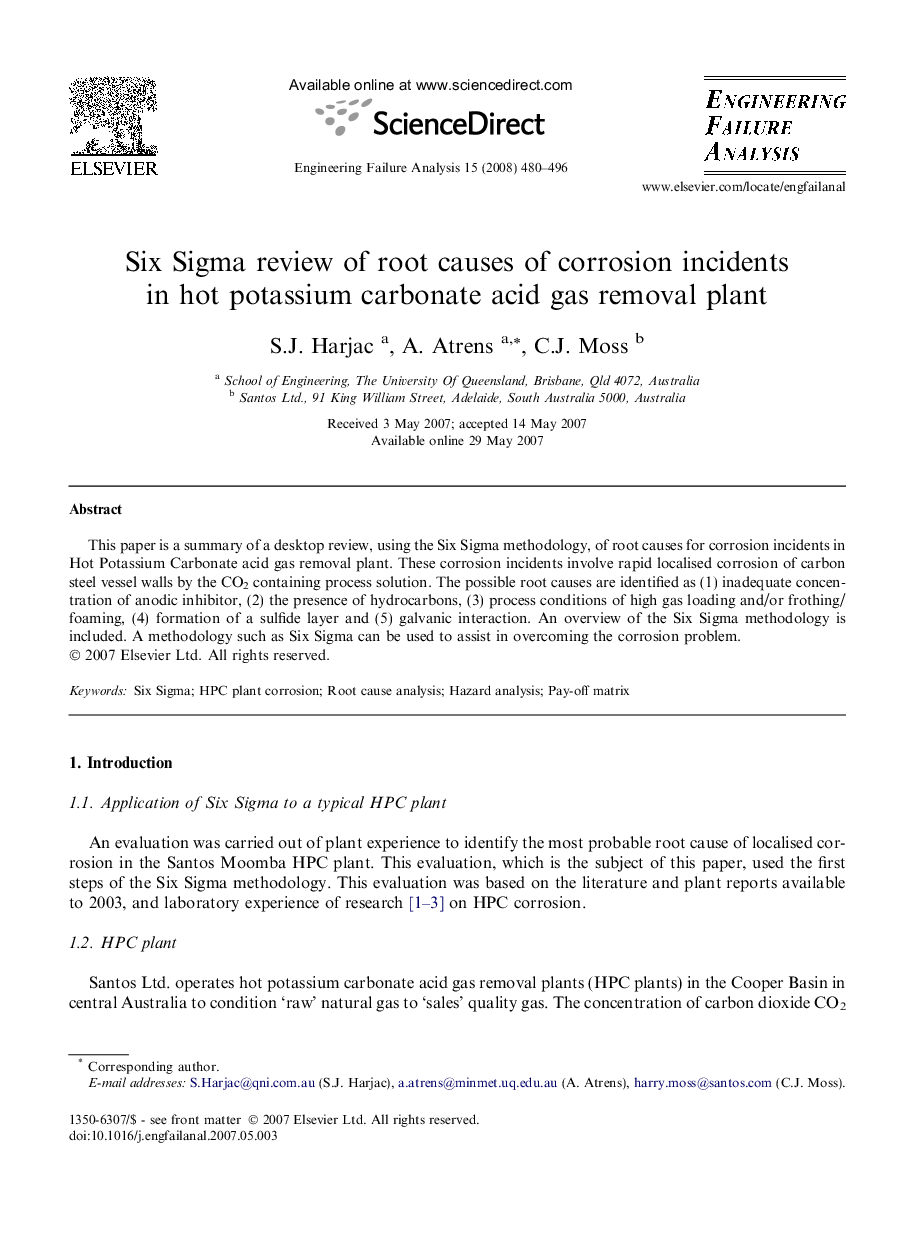 Six Sigma review of root causes of corrosion incidents in hot potassium carbonate acid gas removal plant