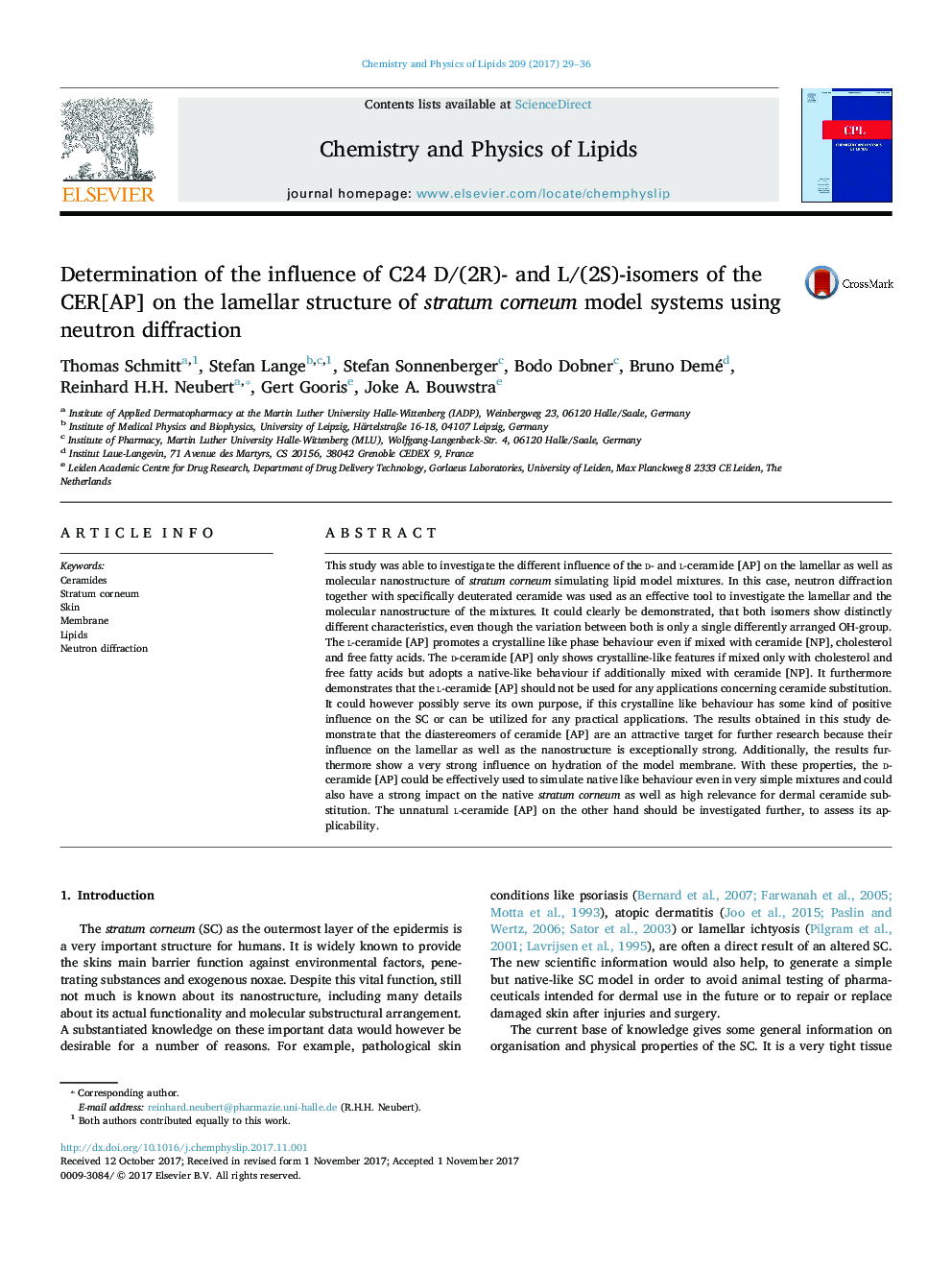 Determination of the influence of C24 D/(2R)- and L/(2S)-isomers of the CER[AP] on the lamellar structure of stratum corneum model systems using neutron diffraction