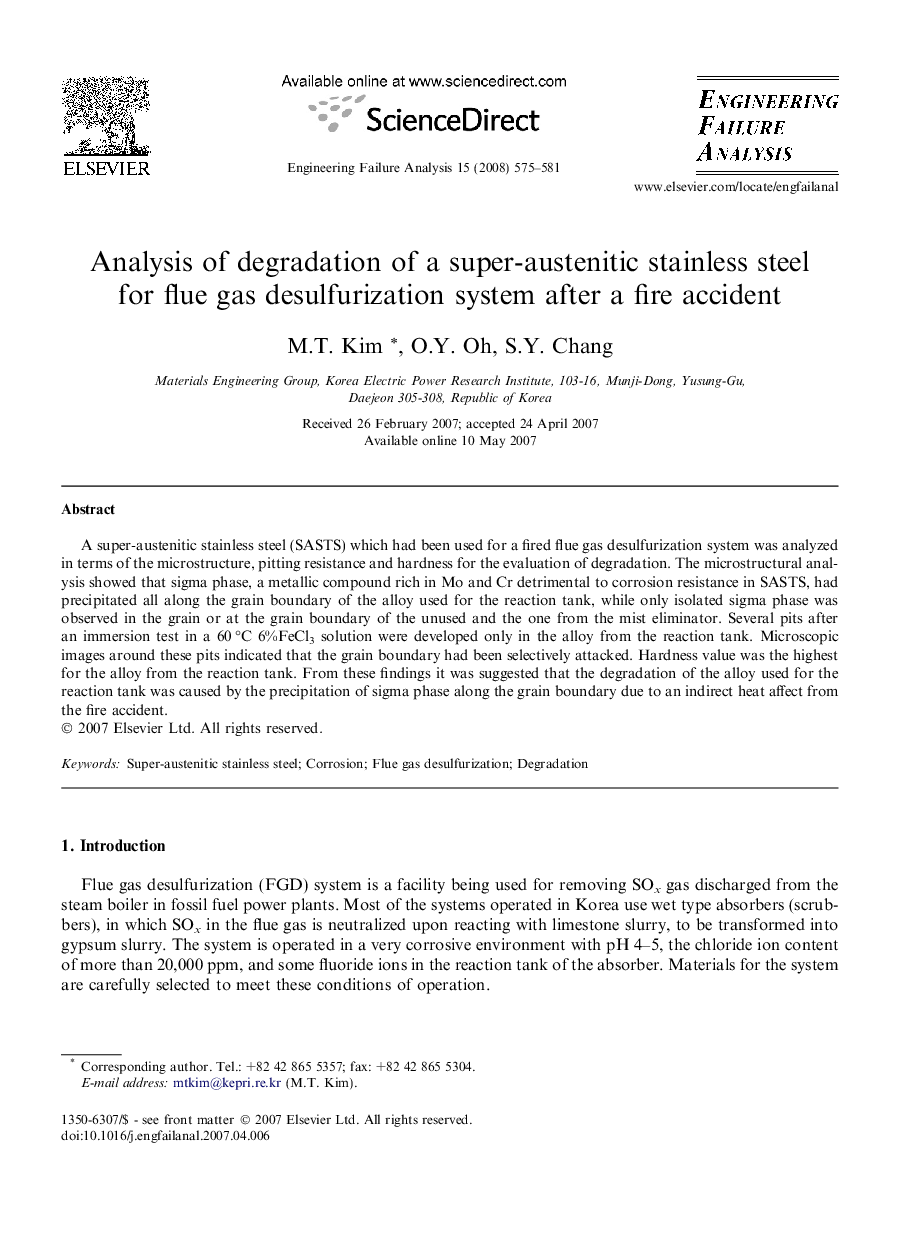 Analysis of degradation of a super-austenitic stainless steel for flue gas desulfurization system after a fire accident