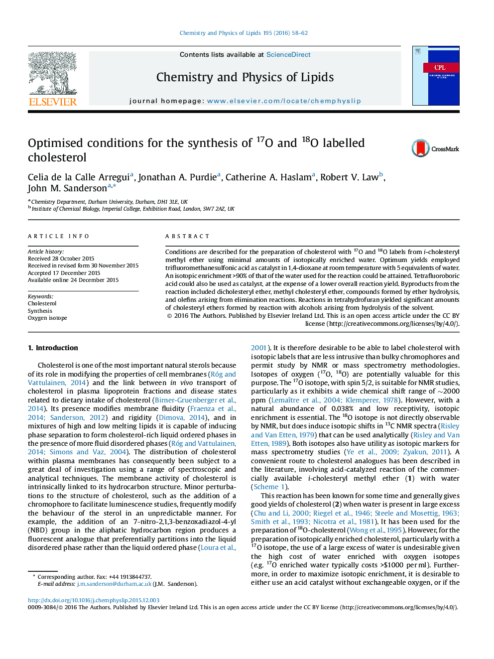 Optimised conditions for the synthesis of 17O and 18O labelled cholesterol