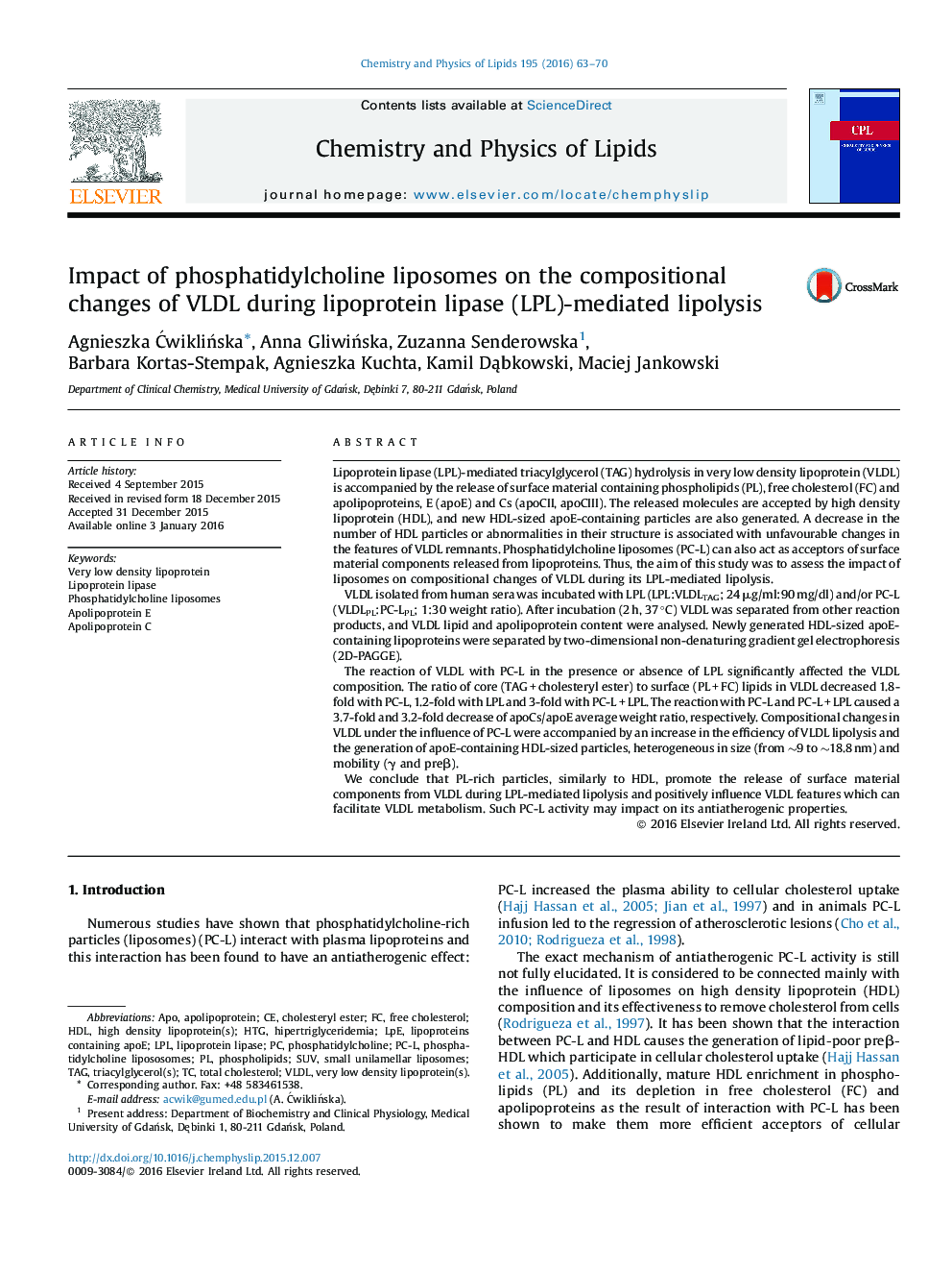 Impact of phosphatidylcholine liposomes on the compositional changes of VLDL during lipoprotein lipase (LPL)-mediated lipolysis