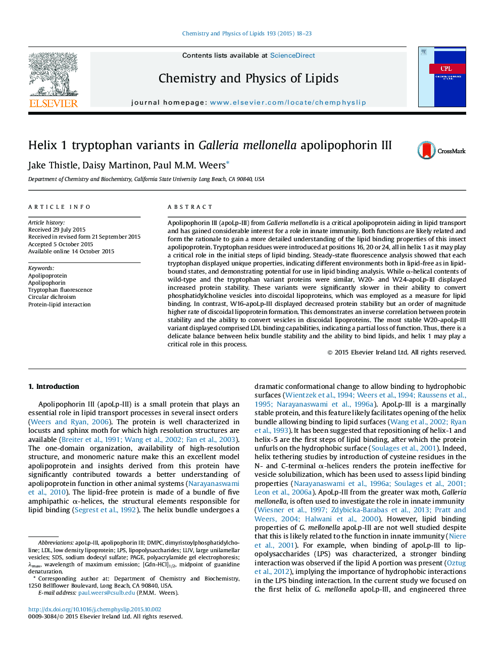 Helix 1 tryptophan variants in Galleria mellonella apolipophorin III