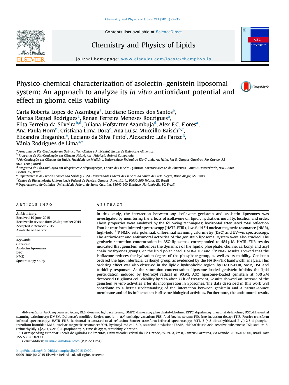 Physico-chemical characterization of asolectin-genistein liposomal system: An approach to analyze its in vitro antioxidant potential and effect in glioma cells viability