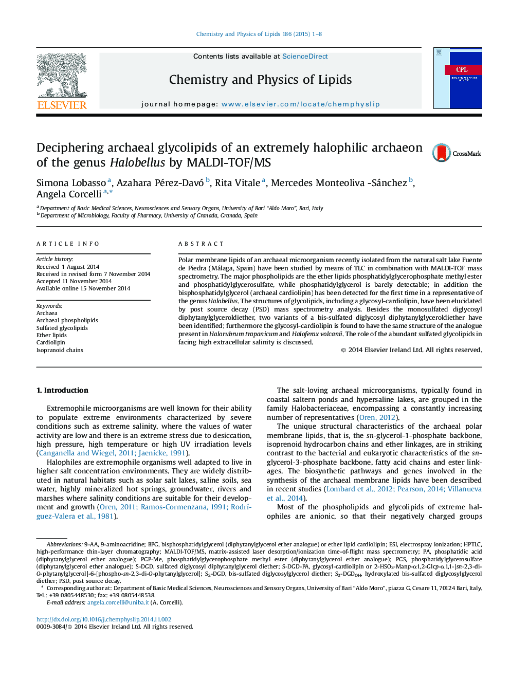 Deciphering archaeal glycolipids of an extremely halophilic archaeon of the genus Halobellus by MALDI-TOF/MS