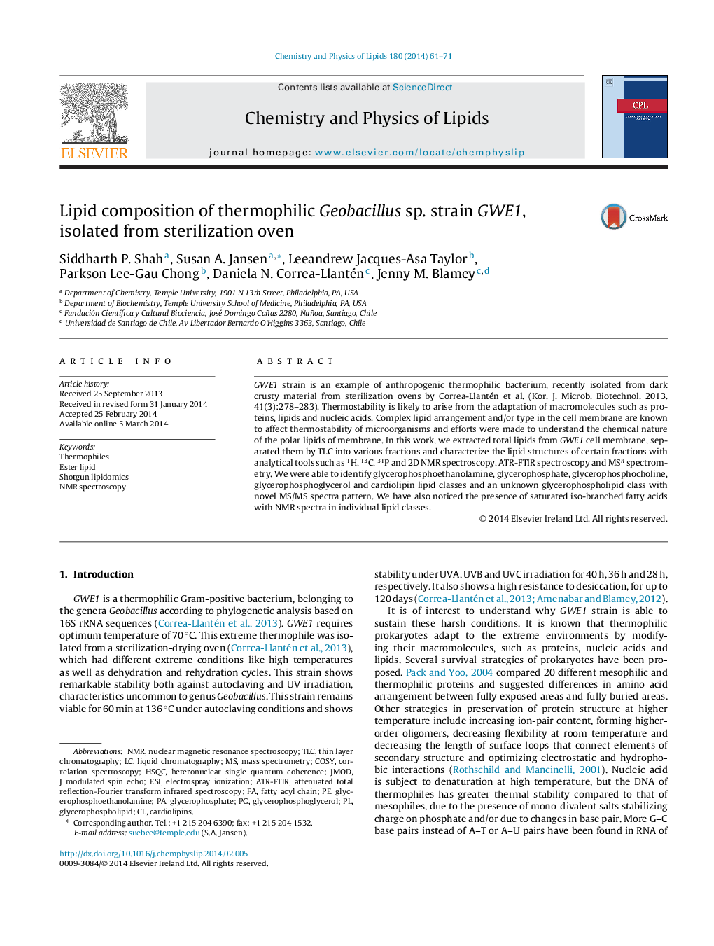 Lipid composition of thermophilic Geobacillus sp. strain GWE1, isolated from sterilization oven