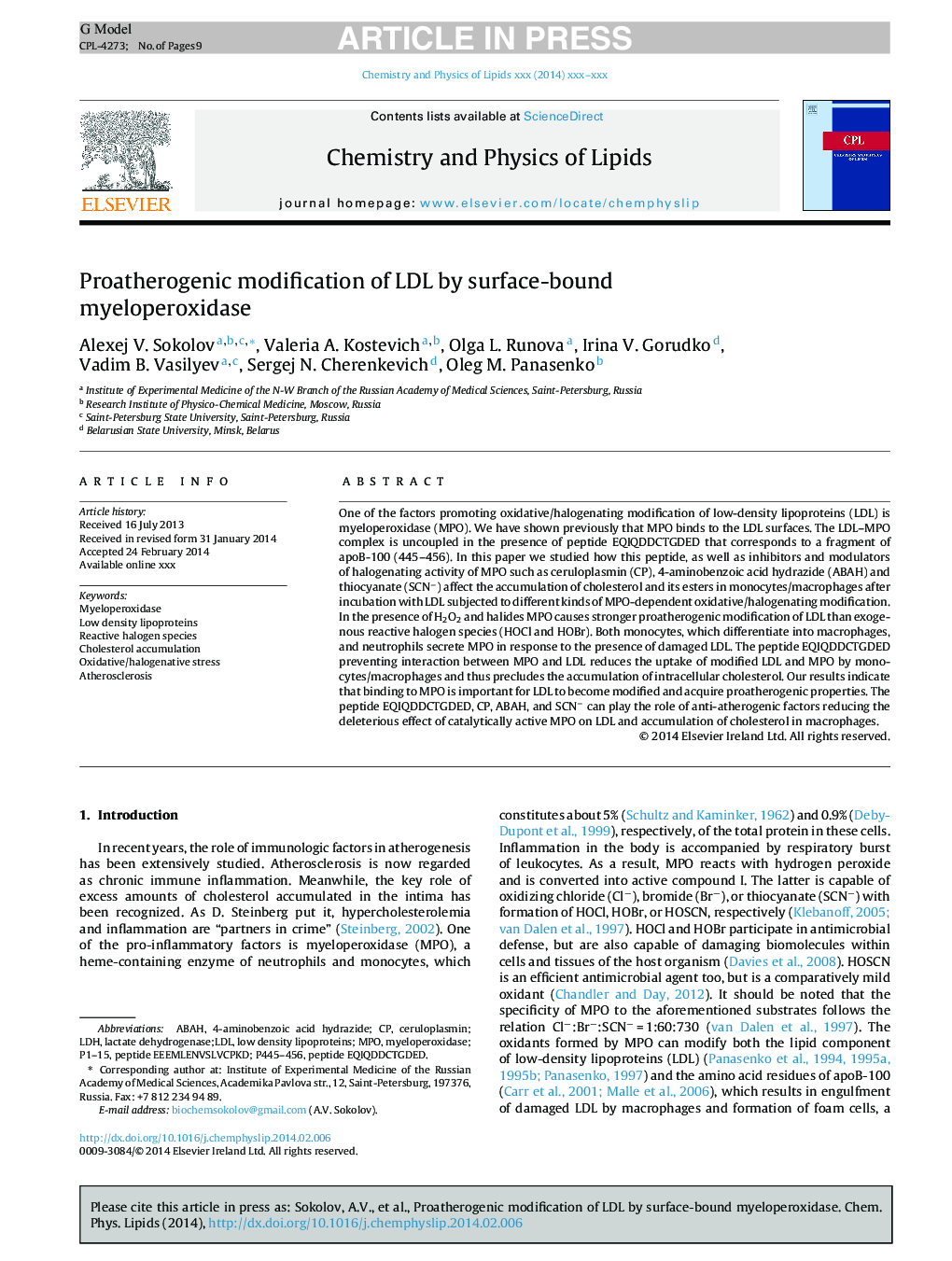 Proatherogenic modification of LDL by surface-bound myeloperoxidase