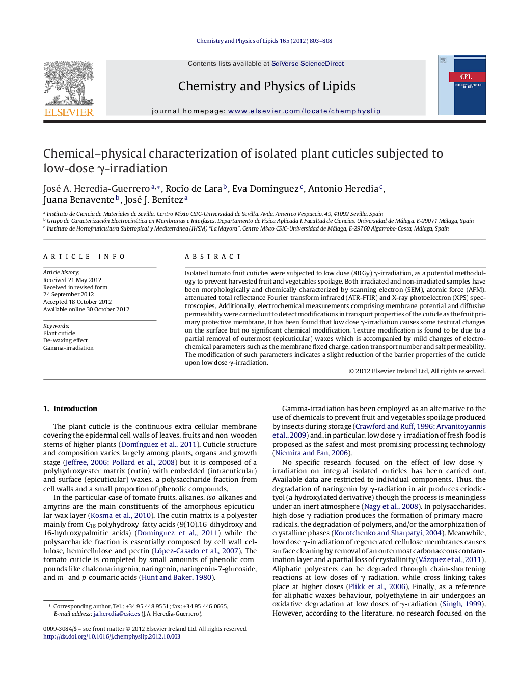 Chemical-physical characterization of isolated plant cuticles subjected to low-dose Î³-irradiation