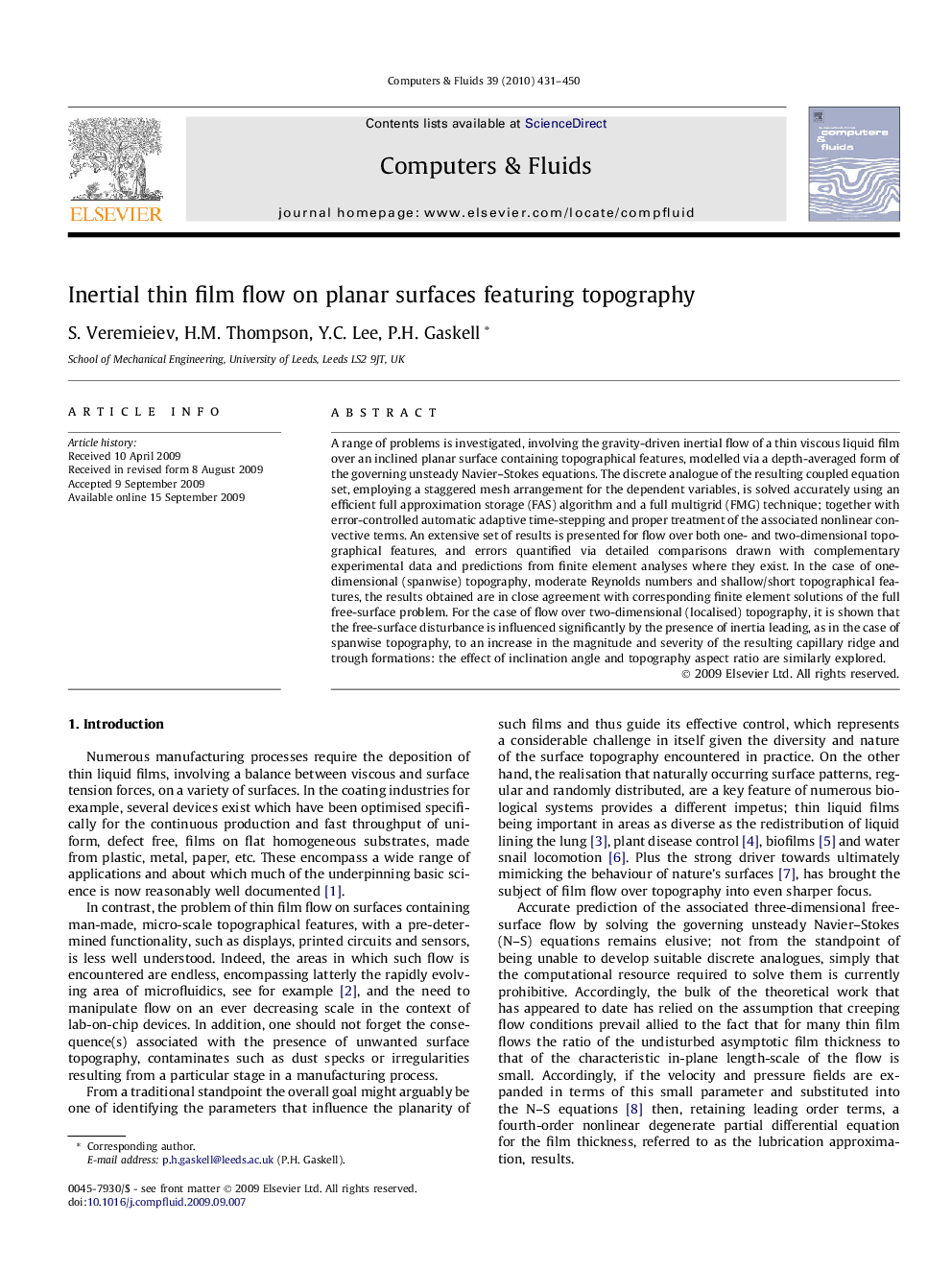 Inertial thin film flow on planar surfaces featuring topography