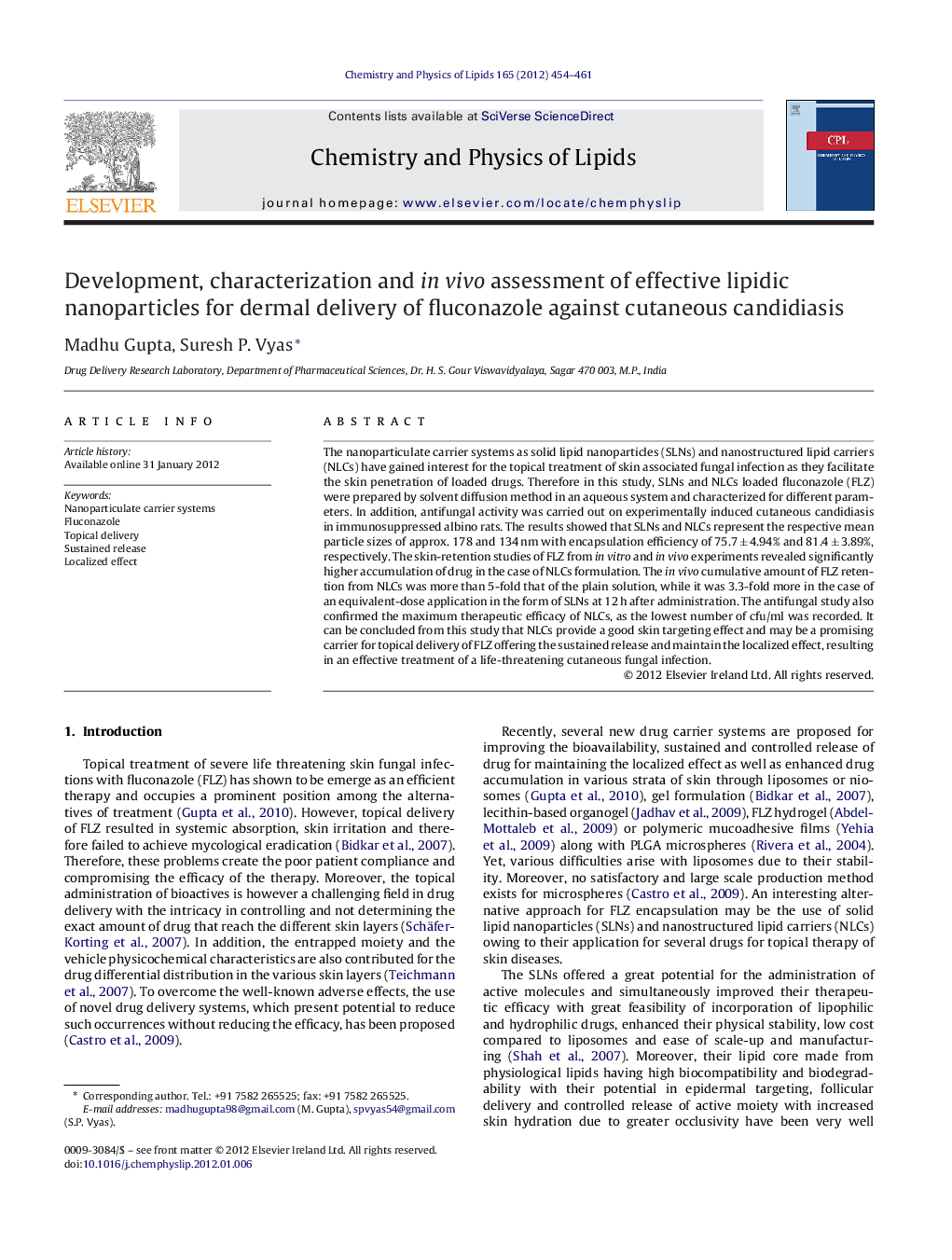 Development, characterization and in vivo assessment of effective lipidic nanoparticles for dermal delivery of fluconazole against cutaneous candidiasis