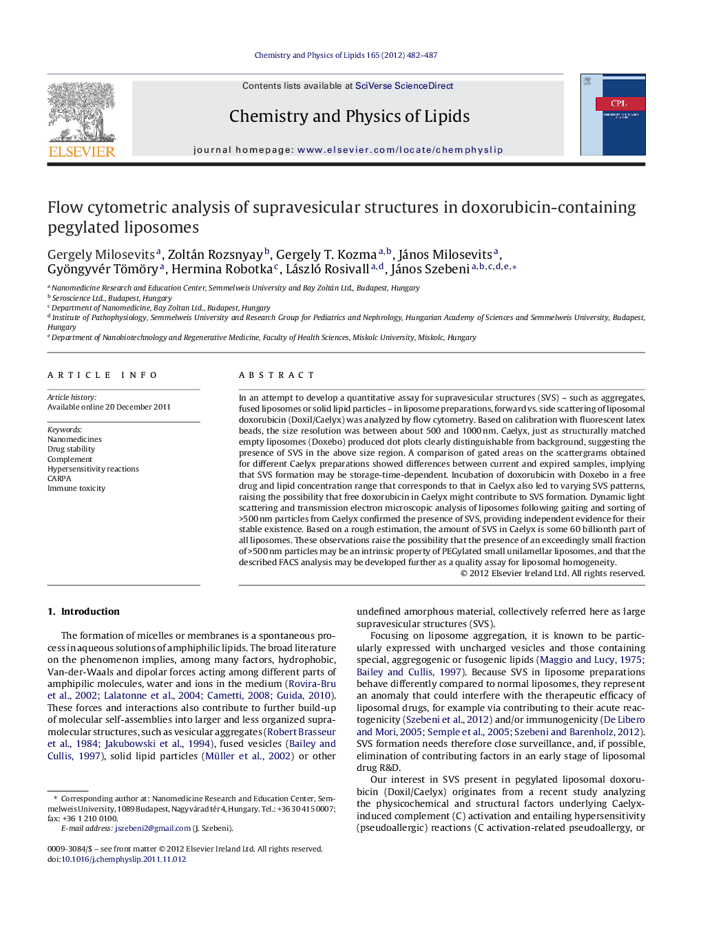 Flow cytometric analysis of supravesicular structures in doxorubicin-containing pegylated liposomes