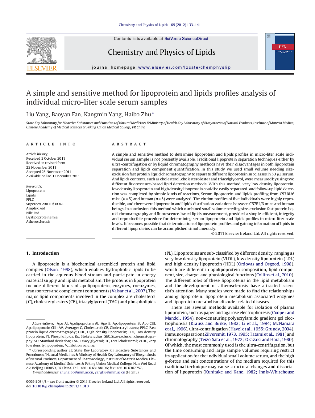 A simple and sensitive method for lipoprotein and lipids profiles analysis of individual micro-liter scale serum samples