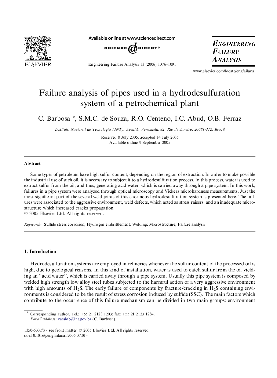 Failure analysis of pipes used in a hydrodesulfuration system of a petrochemical plant