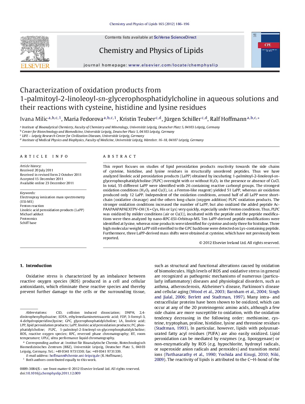 Characterization of oxidation products from 1-palmitoyl-2-linoleoyl-sn-glycerophosphatidylcholine in aqueous solutions and their reactions with cysteine, histidine and lysine residues