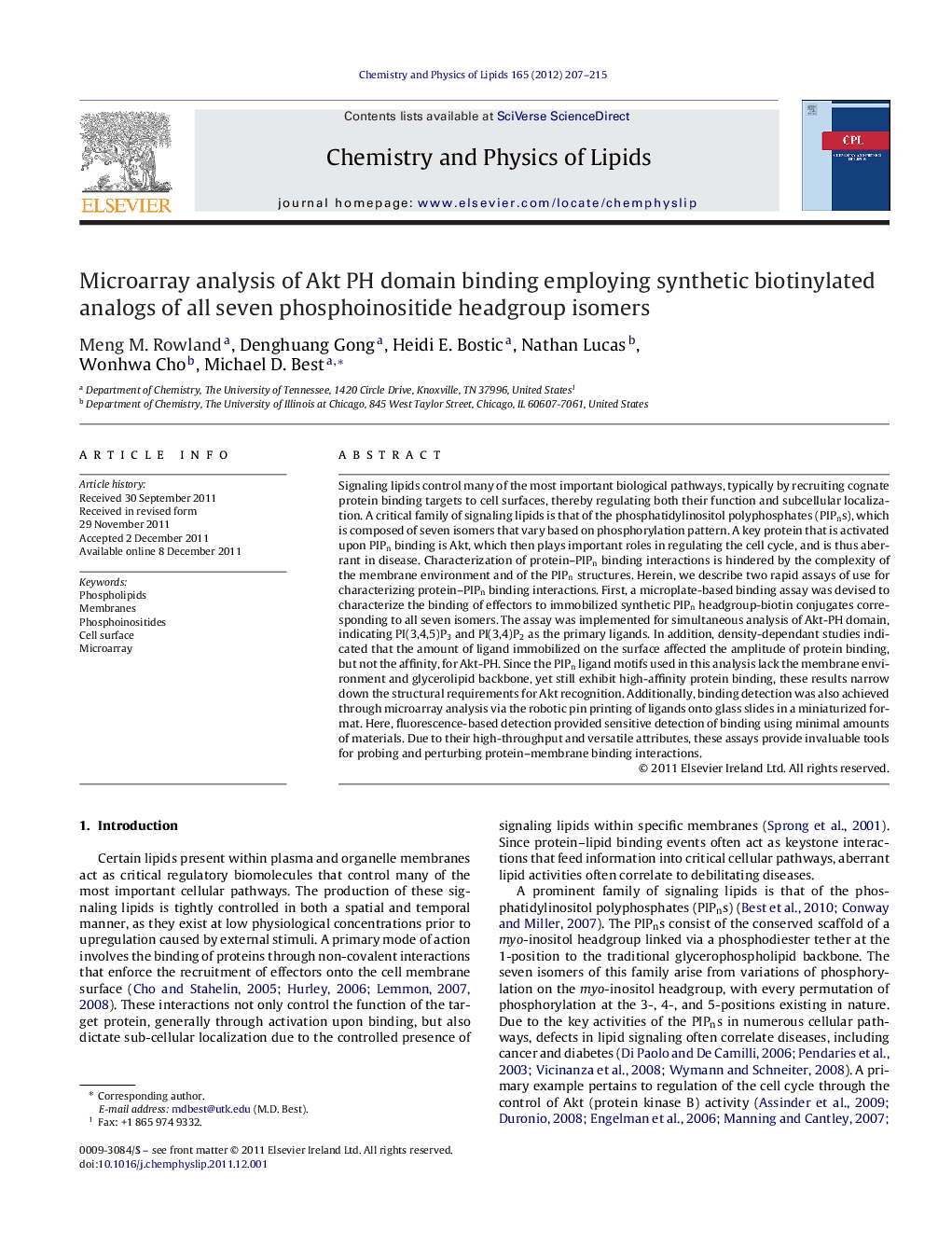 Microarray analysis of Akt PH domain binding employing synthetic biotinylated analogs of all seven phosphoinositide headgroup isomers