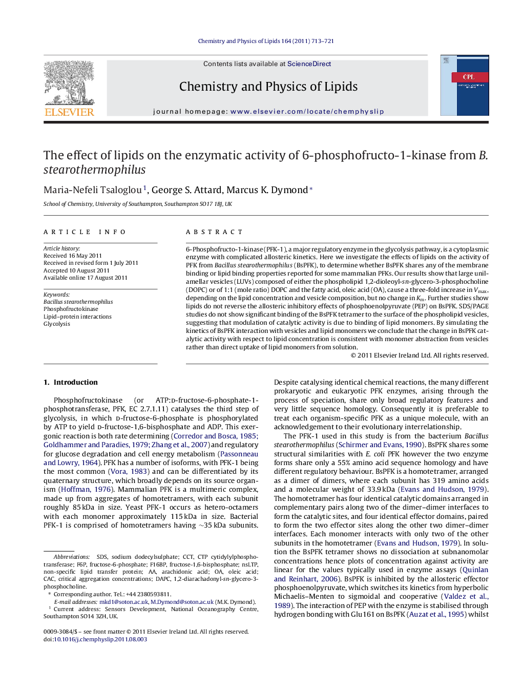 The effect of lipids on the enzymatic activity of 6-phosphofructo-1-kinase from B. stearothermophilus