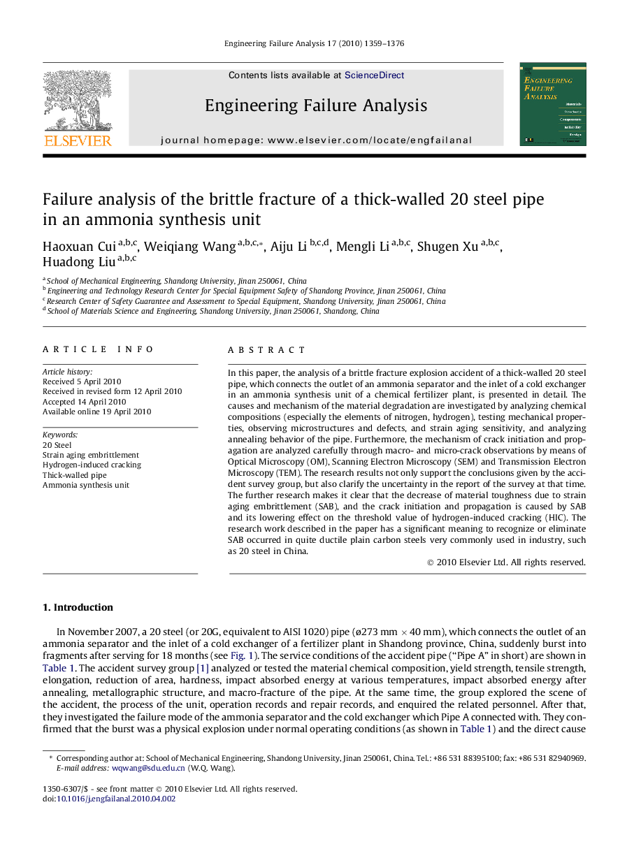 Failure analysis of the brittle fracture of a thick-walled 20 steel pipe in an ammonia synthesis unit