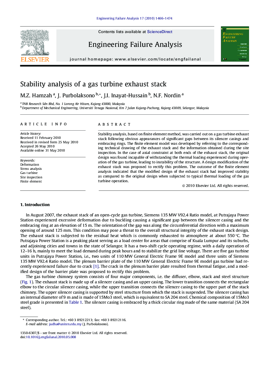 Stability analysis of a gas turbine exhaust stack