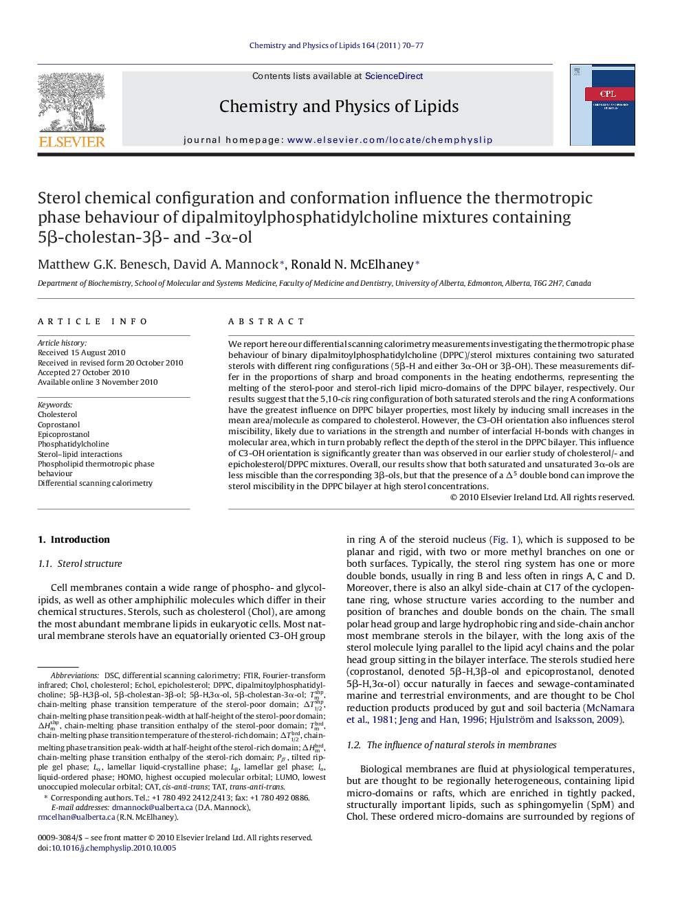 Sterol chemical configuration and conformation influence the thermotropic phase behaviour of dipalmitoylphosphatidylcholine mixtures containing 5Î²-cholestan-3Î²- and -3Î±-ol