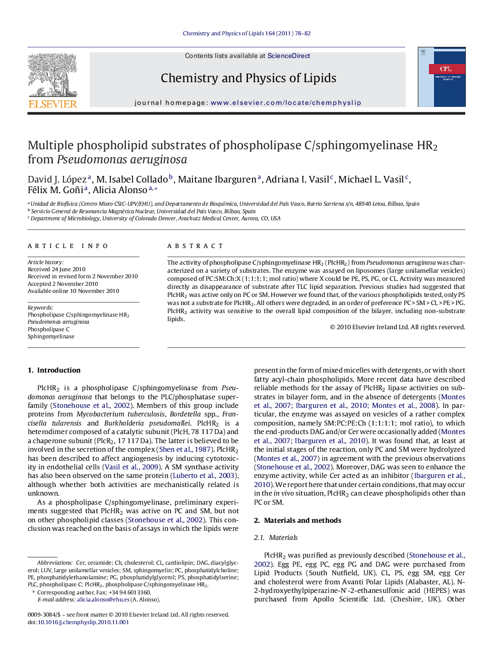 Multiple phospholipid substrates of phospholipase C/sphingomyelinase HR2 from Pseudomonas aeruginosa