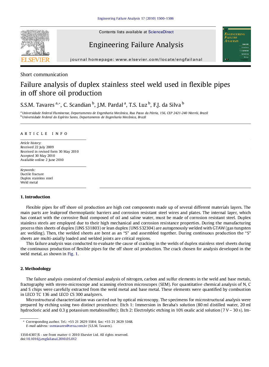 Failure analysis of duplex stainless steel weld used in flexible pipes in off shore oil production