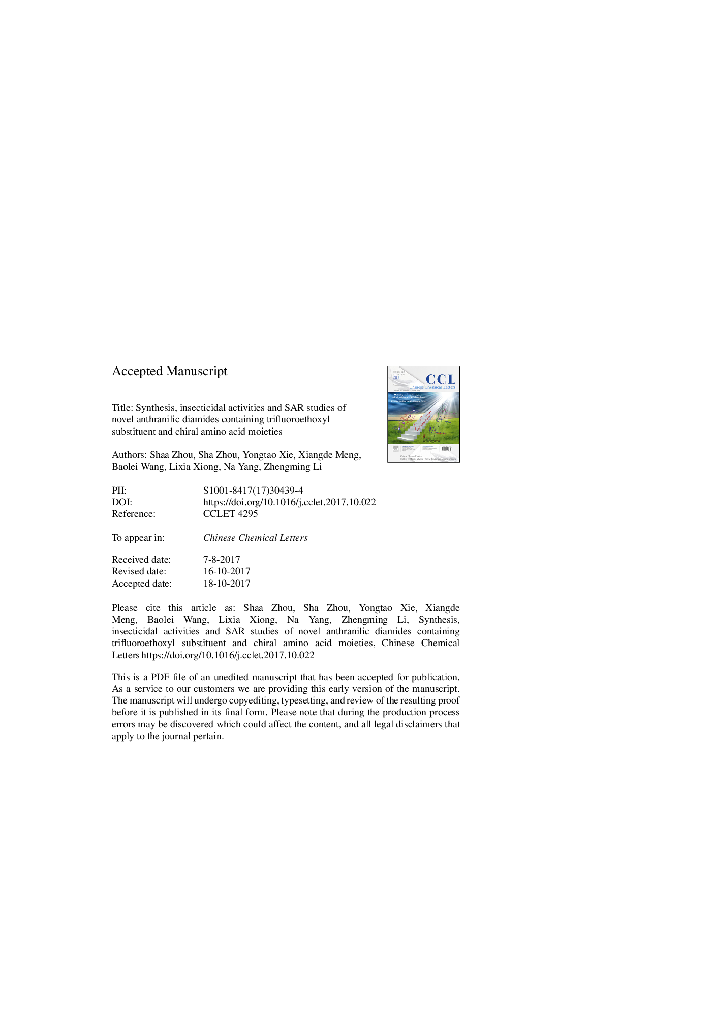 Synthesis, insecticidal activities and SAR studies of novel anthranilic diamides containing trifluoroethoxyl substituent and chiral amino acid moieties