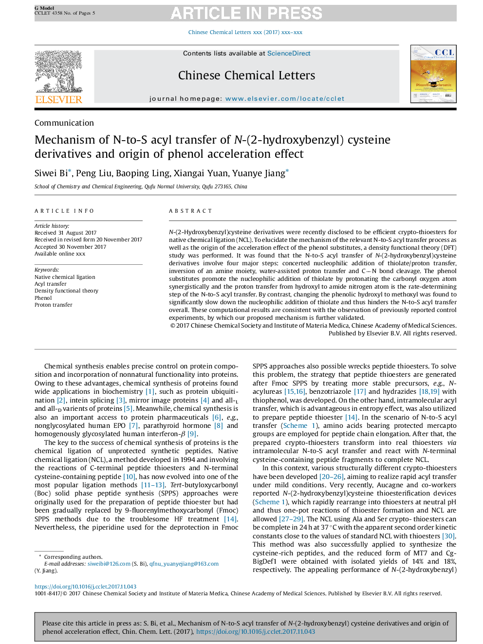 Mechanism of N-to-S acyl transfer of N-(2-hydroxybenzyl) cysteine derivatives and origin of phenol acceleration effect