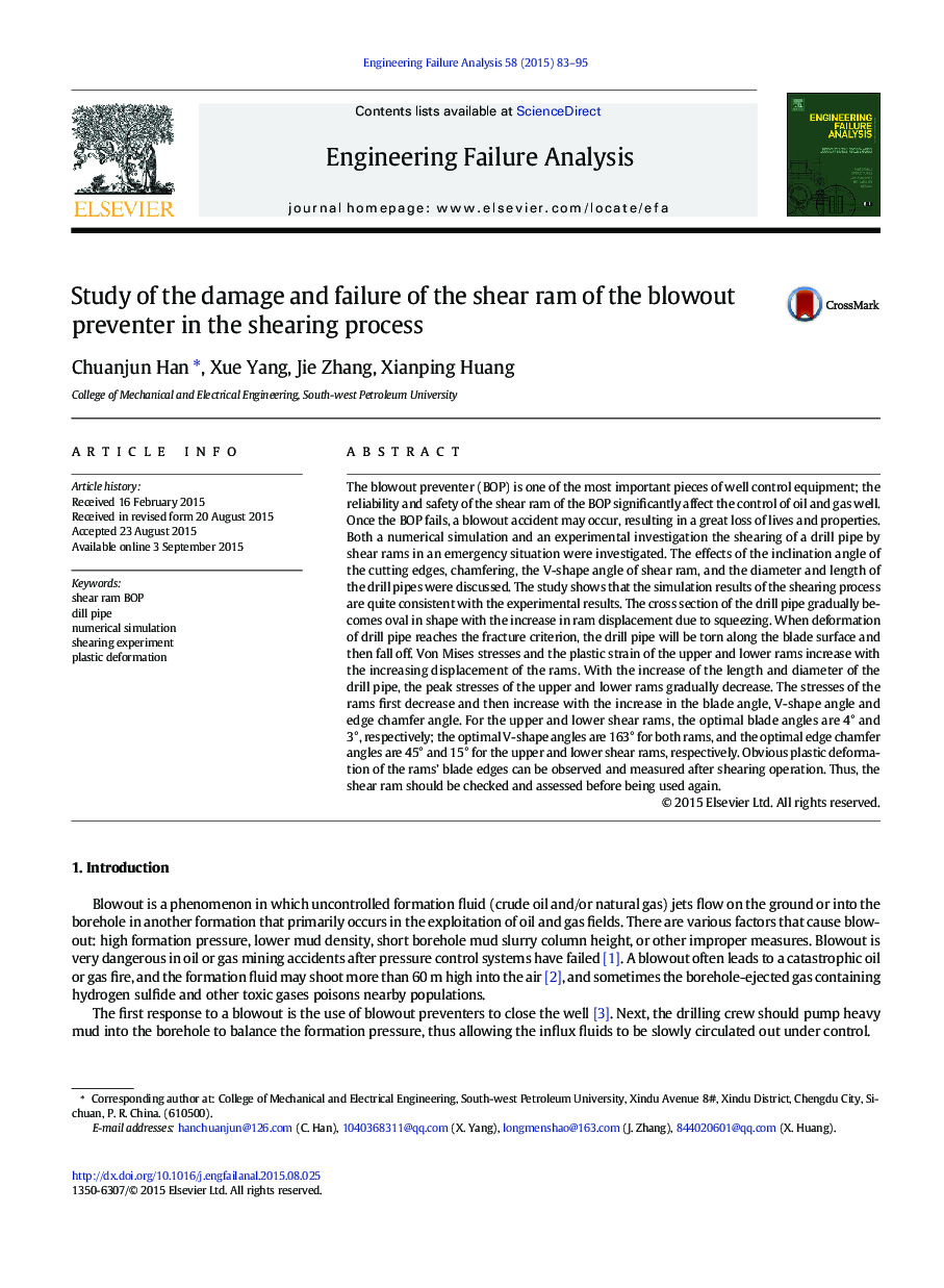 Study of the damage and failure of the shear ram of the blowout preventer in the shearing process