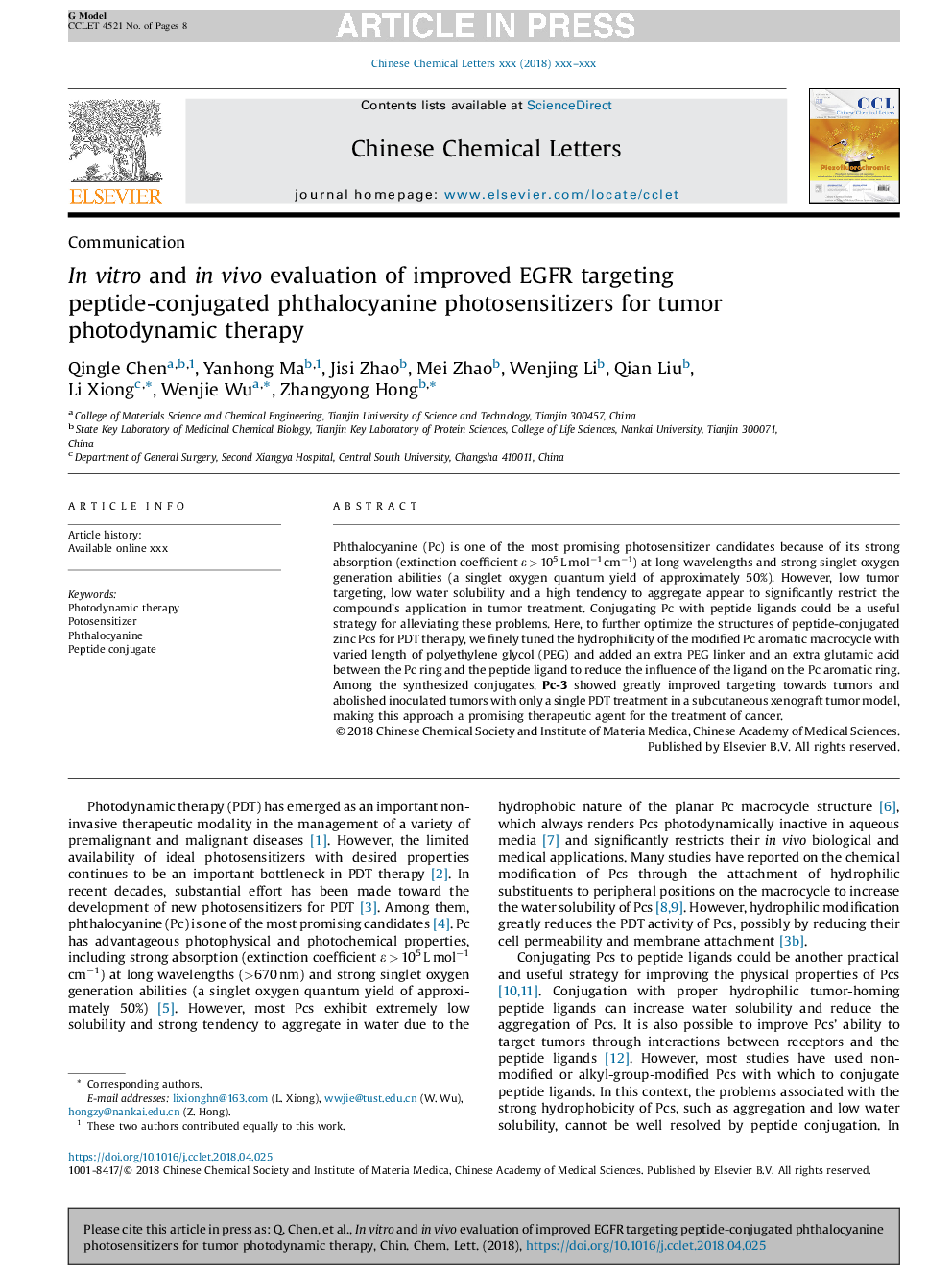 In vitro and in vivo evaluation of improved EGFR targeting peptide-conjugated phthalocyanine photosensitizers for tumor photodynamic therapy