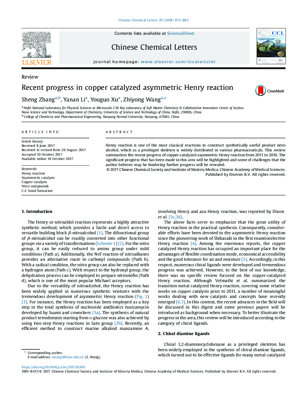 Recent progress in copper catalyzed asymmetric Henry reaction