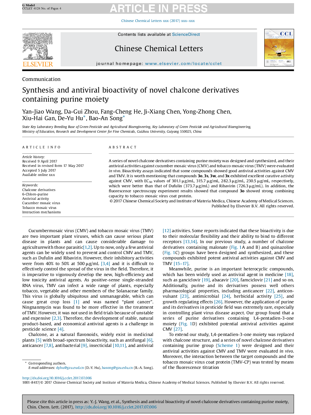 Synthesis and antiviral bioactivity of novel chalcone derivatives containing purine moiety