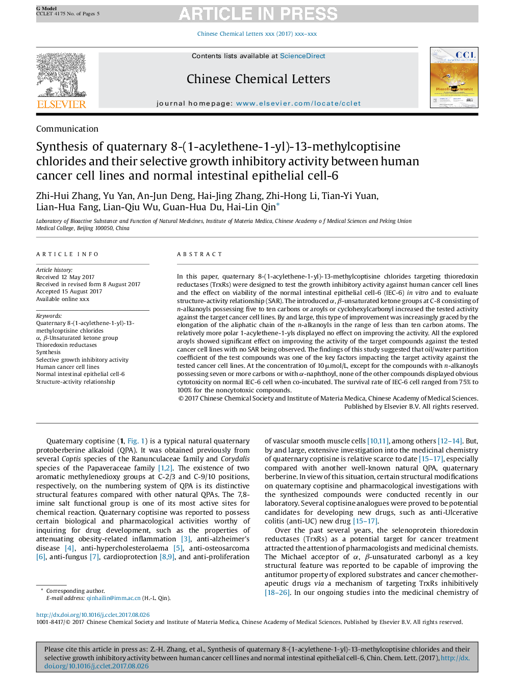 Synthesis of quaternary 8-(1-acylethene-1-yl)-13-methylcoptisine chlorides and their selective growth inhibitory activity between human cancer cell lines and normal intestinal epithelial cell-6