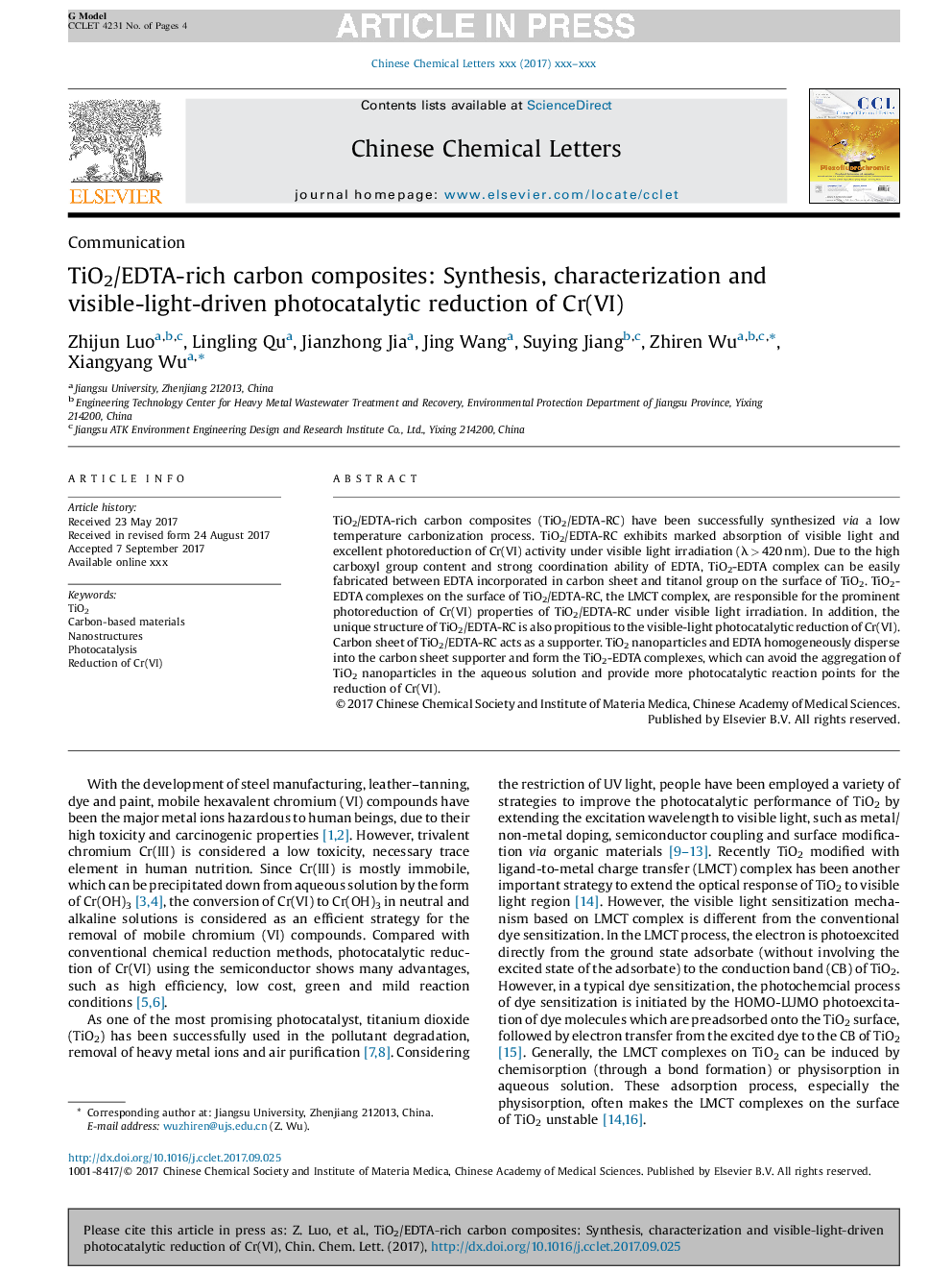 TiO2/EDTA-rich carbon composites: Synthesis, characterization and visible-light-driven photocatalytic reduction of Cr(VI)