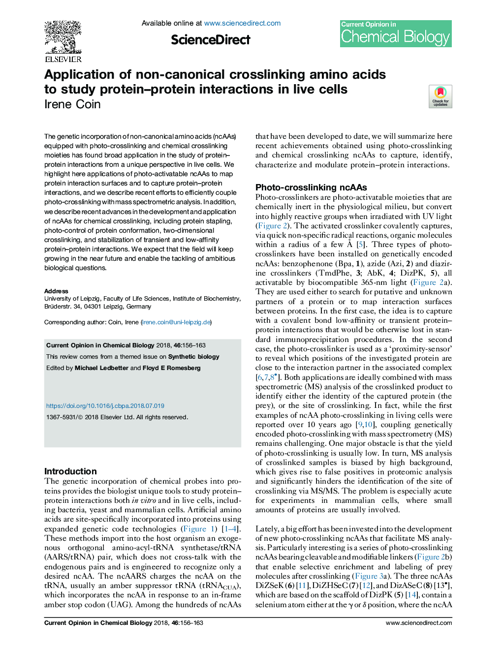 Application of non-canonical crosslinking amino acids to study protein-protein interactions in live cells
