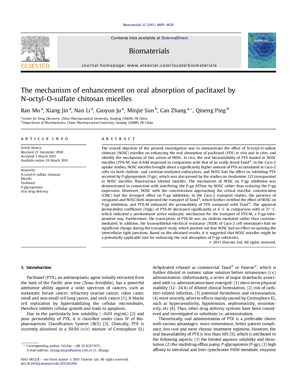 The mechanism of enhancement on oral absorption of paclitaxel by N-octyl-O-sulfate chitosan micelles