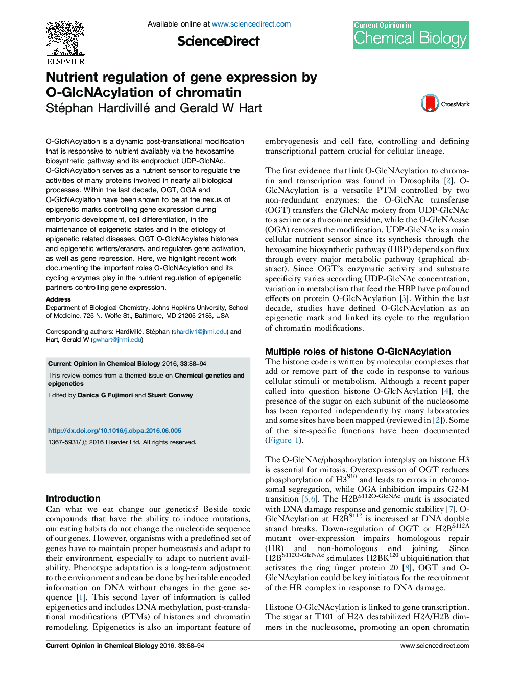 Nutrient regulation of gene expression by O-GlcNAcylation of chromatin