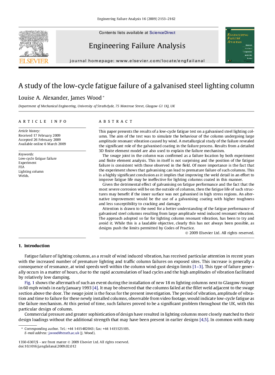 A study of the low-cycle fatigue failure of a galvanised steel lighting column